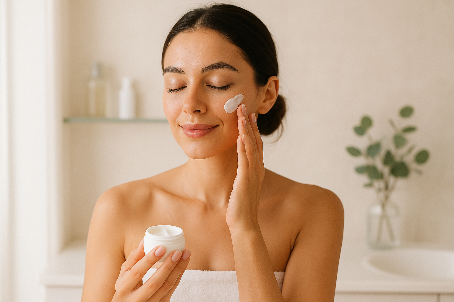 a female applying skincare product on her face